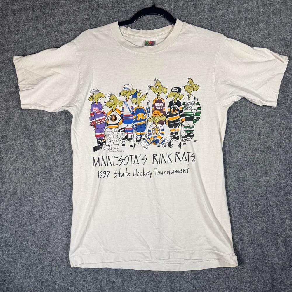 Vintage 1997 Minnesota Rink Rats State Hockey Tournament T-Shirt White Mens M